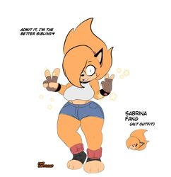 alien anthro big_breasts clothed crop_top dialogue fangs female_only fingerless_gloves furry jean_shorts lwd_cartoonz open_toe_shoes orange_fur original_character peace_sign sabrina_fang short_shorts shorts shortstack spiked_hair thick thick_hips thick_legs thick_thighs tight_clothing