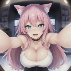 ai_generated animal_ears armpits big_breasts black_bottomwear blue_eyes blush fisheye_lens fit_female happy hi_res long_hair necklace original_character pink_hair selfie smile sweaty_breasts user_lovespike white_topwear wide_smile