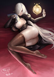 1girls ass big_breasts book breasts earrings elf_ears female female_only floating_object irine kuronerinka light-skinned_female long_hair looking_at_viewer original original_character pointy_ears purple_eyes revealing_clothes smile solo thighhighs very_long_hair white_hair