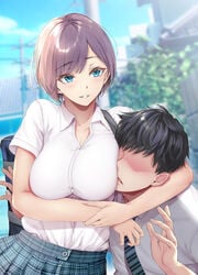 1boy 1girls 2020 absurd_res bag bare_arms black_hair blue_eyes blurry blurry_background blush breast_squish breasts brown_hair clothed clothing eyebrows_visible_through_hair faceless_male female gentsuki headlock highres large_breasts looking_at_another male necktie open_mouth original outdoors plaid plaid_skirt school_bag school_uniform shirt short_hair skirt sky smile teeth tomboy tongue uniform walking