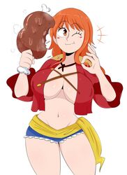 1girls big_breasts blush breasts busty cleavage crossplay curvy eating female female_only food huge_breasts jinu large_breasts meat monkey_d_luffy_(cosplay) nami ok_sign one_eye_closed one_piece open_clothes orange_eyes orange_hair post-timeskip shounen_jump solo_female straw_hat thick_thighs thighs topless_cosplay voluptuous wide_hips wink