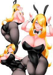 1girls ass big_ass big_breasts big_butt blonde_hair breasts bunny_ears bunnysuit cynthia_(pokemon) female huge_breasts large_breasts leotard long_hair nintendo pantyhose pokemon pokemon_dppt thick_thighs toba_tsutsumi white_background