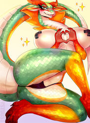 1girls 5_fingers 5_toes amethystdust anthro areola ass belly_scales big_ass big_breasts big_butt breasts butt butt_focus claws clothed clothing dragon ears eyelashes feet female female_only fingers forked_tongue gesture green_scales hand_heart hips huge_ass huge_breasts huge_butt large_ass large_breasts large_butt licking licking_snout long_ears long_eyelashes long_neck looking_at_viewer lying miranda_(heatboom) multicolored_scales nipple_tape non-mammal_breasts on_back orange_scales panties pasties pose presenting presenting_hindquarters red_scales scales scalie seductive self_lick sharp_teeth skimpy small_waist snake_hood solo solo_female tape teeth thick thick_ass thick_tail thick_thighs thighs toe_claws toes tongue tongue_out underwear white_scales white_sclera wide_hips yellow_eyes yellow_iris