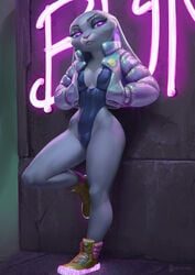 anthro breasts bunny cameltoe clothing cybernetics cyberpunk_2077 disney eyelashes female female_only footwear fur glowing glowing_eyes hands_in_pockets highleg_leotard holographic_clothes judy_hopps lagomorph leotard looking_aside mammal neon_lights olexey_oleg one-piece_swimsuit pockets police_officer prostitution puffer_jacket small_breasts sneakers solo swimsuit swimwear zootopia