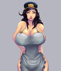 1girls alternate_breast_size apron big_breasts black_hair breasts curvy female female_only grey_background hat huge_breasts human jojo's_bizarre_adventure jojolion kei_nijimura large_breasts light-skinned_female light_skin lipstick long_hair maid nail_polish no_bra no_panties nude_female purple_eyes shounen_jump solo solo_female theecllg thick_thighs voluptuous wide_hips