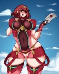 1girls big_breasts breasts exposed_pussy female female_only fully_clothed large_breasts looking_at_viewer pussy pussy_cutout pyra solo sorenstarz super_smash_bros. thick_thighs wide_hips xenoblade_(series) xenoblade_chronicles_2