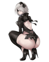 1girls android ass beauty_mark black_thong blindfold bubble_butt female female_focus female_only hair_ribbon hairband heels high_heels kuronerinka legwear mole_under_mouth nier:_automata open_back pale_skin short_hair solo solo_female thighhighs thong tight_clothing white_hair yorha_2b