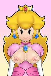 1girls alternate_version_available areolae big_breasts black_eyes blonde_hair breastless_clothes breastless_clothing breasts breasts_out casual_nudity crown dress earrings elbow_gloves exposed_breasts female female_only front_view gloves hair lipstick long_hair looking_at_viewer mario_(series) mob_face nintendo nipples paper_mario paper_peach pink_dress princess_peach puffy_sleeves royalty sleepiitreat smile smiling_at_viewer solo solo_female topless_dress video_games white_gloves