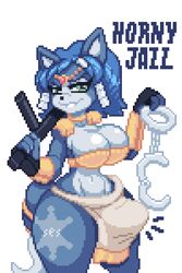 anthro baton big_breasts blue_body blue_hair bottomwear breasts bulge canid canine cleavage clothed clothing digital_media_(artwork) fox furry futanari go_to_horny_jail green_eyes gynomorph hair handcuffs headdress intersex krystal loincloth looking_at_viewer mammal meme midriff navel nintendo pixel_art police_baton ses_vanbrubles shackles shoulder_pads solo star_fox thick_thighs video_games white_background wide_hips