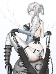 1girls armwear ass bandaged_arm bandaged_leg big_breasts blade breasts clothed clothing emil_(nier) female female_focus female_only flower_in_hair gray_eyes hair_flower heels high_heels kaine_(nier) kuronerinka looking_at_viewer looking_back nier_(series) nier_replicant pale-skinned_female pale_skin partially_clothed revealing_clothes sitting solo square_enix white_hair