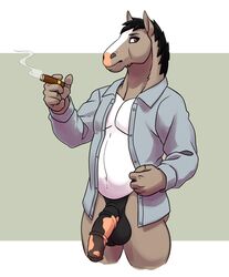 5_fingers animal_genitalia animal_penis anthro balls black_balls bottomless butterscotch_horseman cigar clothed clothing equid equine equine_penis fingers genitals hi_res horse male mammal penis sharkiedude smoke smoking solo unbuttoned_shirt