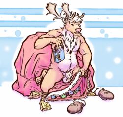 1boy animal_genitalia anthro antlers balls blush capreoline cervid christmas digital_media_(artwork) genitals gift hair holidays horn housamo humanoid_hands kemono lavilovi male male_only mammal nude reindeer sheath simple_background slightly_chubby smile solo tokyo_afterschool_summoners video_games yule_(tokyo_afterschool_summoners)