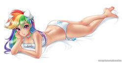 bed blush bra cat_keyhole_bra cat_keyhole_lingerie cat_lingerie cleavage cleavage_cutout equestria_girls human humanized long_hair lying lying_down my_little_pony not_furry panties pinup pose racoonkun rainbow_dash_(eg) rainbow_dash_(mlp) rainbow_hair seductive sheets small_breasts smooth_skin underwear wide_hips