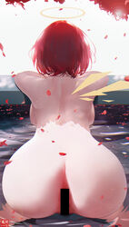 arknights ass back backboob bar_censor bathing breasts censored commentary_request completely_nude detached_wings energy_wings exusiai_(arknights) female female_pubic_hair from_behind halo highres lens_flare medium_breasts nude omone_hokoma_agm onsen partially_submerged petals pubic_hair red_hair short_hair solo water wings