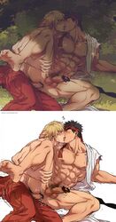 2boys abs agtkme2304 anal bar_censor bara bare_pecs black_hair breath capcom censored forest french_kiss headband highres ken_masters kissing large_pectorals male_focus male_only mature_male multiple_boys muscular muscular_male naked_shirt nature navel nipples open_clothes open_pants open_shirt pants red_pants ryu_(street_fighter) sex shirt shirtless short_hair spiked_hair spread_legs stomach street_fighter street_fighter_ii sweat testicles thick_eyebrows thigh_grab thighs torn_clothes torn_shirt white_shirt yaoi