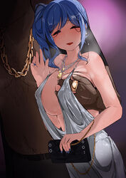 1boy 1girls ^_^ absurdres azur_lane backless_dress backless_outfit bag bangs bare_shoulders belt blue_hair blue_nails blush breast_grab breasts cleavage closed_eyes commentary_request dark-skinned_male dark_skin dress eagle_union_(azur_lane) earrings erect_nipples evening_gown eyebrows_visible_through_hair female grabbing grey_dress hair_ornament hairclip halter_dress handbag head_out_of_frame highres interracial jewelry large_breasts light-skinned_female light_skin looking_at_viewer nail_polish necklace netorare painnico pants plunging_neckline purple_background purse revealing_clothes ring sequin_dress shirtless side_ponytail sidelocks silver_dress smile st._louis_(azur_lane) st._louis_(luxurious_wheels)_(azur_lane) sweat waving