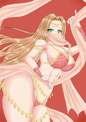 belly_chain belly_dancer belly_dancer_outfit blonde_hair dancer dancer_outfit elf elf_ears ferulaboy green_eyes harem_outfit large_breasts long_hair original original_character pointy_ears veil voluptuous