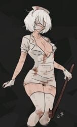 1girls blindfold bloody_clothes breasts covered_mouth crowbar female kokomi nier:_automata nurse nurse_(silent_hill)_(cosplay) nurse_hat nurse_uniform silent_hill solo thighhighs thighs weapon white_hair yorha_2b