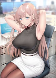 1girls 2020 absurd_res aqua_eyes armpits arms_behind_head arms_up bare_arms bare_shoulders belt blonde_hair blue_eyes blurry blurry_background breasts chair clothed clothing computer covered_navel earrings eyebrows_visible_through_hair female female_only gentsuki hair_tucking highres huge_breasts indoors jewelry laptop large_breasts long_hair looking_at_viewer mature_female office office_lady original pantyhose pencil_skirt shirt skirt sleeveless sleeveless_shirt smile solo thick_thighs thighs tight_clothing tight_shirt very_long_hair