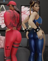 2girls 3d 3d_(artwork) artist_logo asian asian_female ass big_ass big_butt blender brown_eyes brown_hair butt capcom chun-li chun-li_(fortnite) clothed clothed_female clothes clothing crossover darkbahamuth female female_only fortnite from_behind fully_clothed indoors looking_back patreon_username red_pants ruby_(fortnite) street_fighter tight_clothing twitter_logo twitter_username video_games