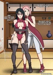 aged_up alternate_hair_length black_eyes black_hair bodysuit boruto:_naruto_next_generations creator_96 green_eyes mother_and_daughter naruto offscreen_character pink_hair sakura_haruno sarada_uchiha stockings