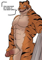 2021 abs anthro armpit_hair balls biceps big_balls bill_(beastars) black_stripes body_hair chest_tuft dialogue edgybambi english_text fangs felid fur genitals hi_res holding_object holding_penis holding_towel looking_at_viewer male male_only mammal muscular muscular_anthro muscular_male nude open_mouth orange_body orange_fur pantherine pecs penis portrait pubes quads sharp_teeth simple_background solo speech_bubble standing striped_body striped_fur stripes teeth text three-quarter_portrait tiger towel triceps tuft vein veiny_penis white_background