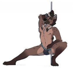 1boy anthro brown_body brown_fur bulge chest_tuft clothed clothing dancing eye_scar facial_scar fur genitals hi_res hyaenid jockstrap male male_only mammal mlice mostly_nude penis penis_base pole pole_dancing scar skimpy smile solo spotted_hyena tuft underwear