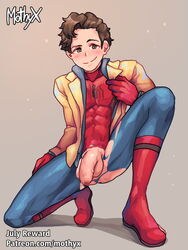 1boy abs brown_hair exposed_penis flaccid foreskin male male_only marvel mothyx muscular muscular_male peter_parker ripped_clothing semi-erect skin_tight solo spandex spider-man spider-man_(series) straight_hair superhero torn_clothes uncut