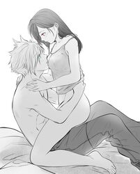 1boy ass bangs bed_sheet blush bottomless breasts cloud_strife collarbone couple cowgirl_position feet_out_of_frame female final_fantasy final_fantasy_vii from_side highres khaw_(cloudstdontcare) kneeling long_hair looking_at_another looking_up male medium_breasts monochrome nude pants profile red_eyes shirt shirtless short_hair sitting sitting_on_person smile spiked_hair spot_color straddling straight symbol_commentary tank_top tifa_lockhart upright_straddle wholesome