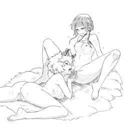 2girls anus ass bangs barefoot blush breasts censored collarbone cunnilingus dailykrumbs english_commentary hand_on_another's_head highres kyoka_jiro mina_ashido monochrome mosaic_censoring multiple_girls my_hero_academia nipples nude open_mouth oral pussy pussy_juice short_hair sitting small_breasts spread_legs tongue tongue_out white_background yuri