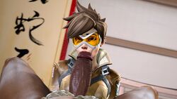 1boy 1girls 3d between_legs big_penis blowjob brown_hair chocolate_and_vanilla dark-skinned_male dark_skin ear_piercing fellatio glans_in_mouth glansjob goggles interracial just_the_tip large_penis oral oral_sex orange-tinted_eyewear overwatch pale-skinned_female steps3d straight tagme tinted_eyewear tracer veiny_penis visor