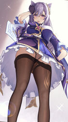 asian_clothes eleaaa genshin_impact keqing_(genshin_impact) pantsu pantyhose pubic_hair pussy see_through skirt_lift