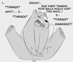 anthro anus ballbusting balls bodily_fluids brown_bear cartoon_network cock_and_ball_torture genital_torture genitals grizzly_(wbb) male male_only mammal monochrome paws penis simple_background sodabox solo solo_male tagme tears text tongue ursid ursine uvula we_bare_bears