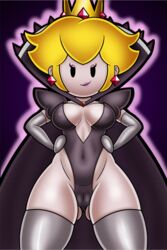 1girls ass_visible_through_thighs big_breasts black_eyes blonde_hair breasts cameltoe cape clothed_female crown earrings elbow_gloves eyelashes eyeshadow female female_only front_view gloves hair hands_on_hips hips leotard lipstick looking_at_viewer mario_(series) mob_face nintendo paper_mario paper_mario:_the_thousand-year_door paper_peach princess_peach royalty shadow_peach shadow_queen sleepiitreat smile solo solo_female stockings thick_thighs thighhighs thighs tight_clothing video_games wide_hips