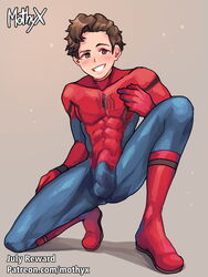 1boy brown_hair bulge erection erection_under_clothes male male_only marvel mothyx peter_parker skin_tight smile solo spandex spider-man spider-man_(series) straight_hair superhero