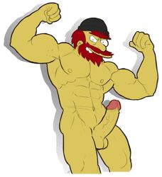 1boy abs anonymous_artist balls bara barazoku beard boner erect_penis erection facial_hair flexing flexing_arms groundskeeper_willie large_penis looking_at_viewer male_only manly muscular_male nude pecs red_hair solo solo_male stocking_cap tagme the_simpsons unibrow veiny_penis white_background yellow_skin