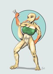 anthro bald breasts clothed clothing female genitals hi_res hilda_(zecho) muscular nipples pussy reptile scalie snake snake_humanoid solo zecho