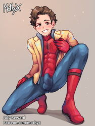 1boy brown_hair bulge erection erection_under_clothes male male_only marvel mothyx peter_parker skin_tight smile solo spandex spider-man spider-man_(series) straight_hair superhero