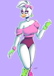 3m4nu312 animatronic avian chicken clothing female five_nights_at_freddy's five_nights_at_freddy's:_security_breach glamrock_chica_(fnaf) huge_breasts purple_eyes robot solo white_body white_fur