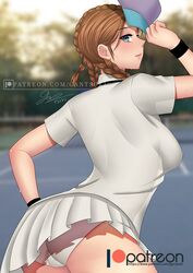 1girls black_bracelet blue_eyes brown_hair cap dbd dead_by_daylight female from_behind gantsuki holding holding_object looking_at_viewer medium_breasts meg_thomas solo solo_focus sweat tennis_court tennis_outfit tennis_uniform thick_thighs twintails upskirt white_panties white_shirt white_skirt