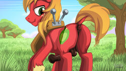 16:9 animal_genitalia animal_penis anus apple ass backsack balls big_macintosh_(mlp) cutie_mark detailed_background digital_media_(artwork) earth_pony equid equine equine_penis feral food freckles friendship_is_magic fruit genitals grass green_eyes hair hasbro hi_res horse looking_back male male_focus male_only mammal my_little_pony mysticalpha orange_hair orange_tail outside penis plant pony red_body red_skin signature sky solo text tree url widescreen yoke