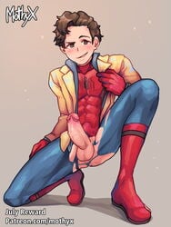 1boy brown_hair erection exposed_penis male male_only marvel mothyx peter_parker ripped_clothing skin_tight solo spandex spider-man spider-man_(series) straight_hair superhero torn_clothes