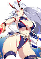 ass_visible_through_thighs blue_swimsuit fate/grand_order fate_(series) flowing_hair katana large_breasts navel oni oni_horns ponytail punopupupu red_eyes slight_blush smile thick_thighs tomoe_gozen_(fate) tomoe_gozen_(swimsuit_saber) white_hair zeroshiki_kouichi