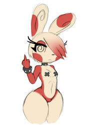 anthro big_ears bit-small bottomless bottomless_female breasts clothed clothing collar colored eyelashes female fur furry furry_only genitals gesture hair hair_over_eye hi_res mammal middle_finger multicolored_body narrow_shoulders narrowed_eyes navel nintendo one_eye_obstructed pasties pokémon_(species) pokemon pussy red_body simple_background small_breasts solo spinda spiral_eyes tan_body thick_thighs video_games white_background wristband