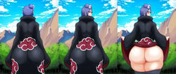 1girls akatsuki_(naruto) alternate_breast_size alternate_version_available ass ass_in_dress back_view backboob big_ass big_breasts blue_hair breasts cloak clothing dat_ass eyeshadow female female_only flower from_behind hair_ornament heart high_resolution huge_ass kogeikun konan lifted_by_self looking_at_viewer looking_back makeup mooning naruto naruto_(series) naruto_shippuden no_panties orange_eyes outdoors pants pants_down presenting presenting_ass seductive seductive_smile side_bun smile solo solo_female split_screen thick_thighs tied_hair tight_clothing tight_dress