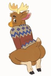 animal_crossing animated anthro antlers ass backsack balls barely_animation bottomless brown_body brown_fur capreoline cervid clothed clothing cloven_hooves erik_(animal_crossing) fur genitals gnawgut hi_res hooves horn kneeling looking_back male male_only mammal moose nintendo solo sweater tailwag topwear video_games