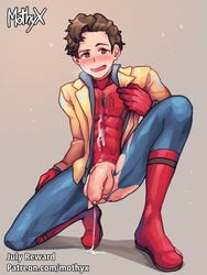 1boy blush brown_hair cum cum_drip cum_on_body cum_on_clothes exposed_penis flaccid male male_only marvel mothyx peter_parker ripped_clothing skin_tight solo spandex spider-man spider-man_(series) straight_hair superhero torn_clothes