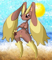 breasts brown_fur color exposed_breasts female female_only front_view fur furry furry_breasts furry_ears long_ears lopunny nintendo open_eyes pink_eyes pokemon pokemon_(species) pussy solo the_brave vulva