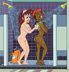 casual dark-skinned_female dark_skin drawn_together female fox_ears foxxy_love headman headwear human interracial ling-ling pale_skin princess_clara shower yuri