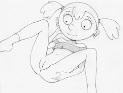 anus bangs bottomless crop_top ear_piercing earrings eyelashes female female_only flat_chest fluffy_(artist) human michelene_mavinsky mike_lu_and_og monochrome navel pussy smile socks solo spread_legs tied_hair twintails